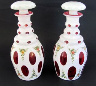 2 Art Deco Cranberry Ruby Red Czech Glass Perfume Bottles With Glass Stopper