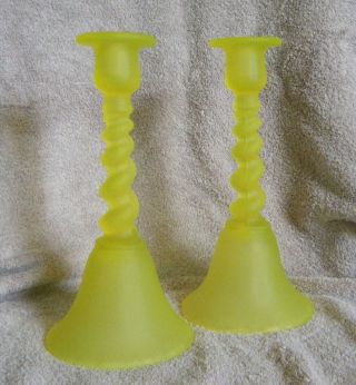 1920/30s Us Glass Co.  Satin Topaz Vaseline Bell Twist Candlestick Holders (pair)