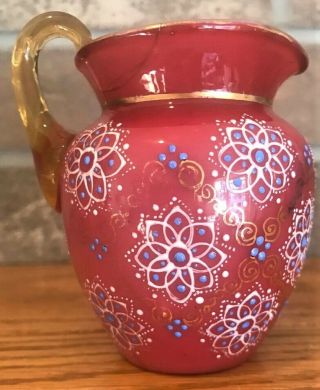 Victorian Cranberry Opaline Glass Hand Painted Enamel Creamer/ Pitcher