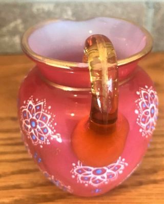 VICTORIAN Cranberry Opaline GLASS HAND PAINTED ENAMEL CREAMER/ PITCHER 3