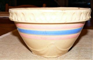 Vintage Mccoy Stoneware Mixing Bowl Yellow Ware Pink Blue Stripe 1920 / 1930 