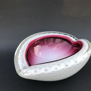 Vintage Murano?? Art Glass Purple White Clear Controlled Bubble Shell Shape Bowl