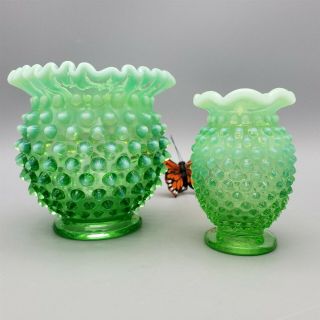 Fenton Hobnail Uranium Vase Set Vaseline Green Ruffled Top Opalescent