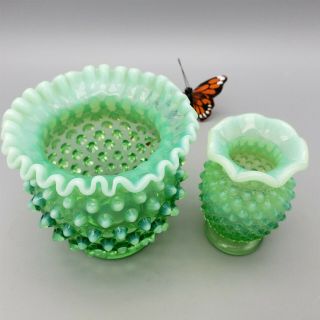 Fenton Hobnail Uranium Vase Set Vaseline Green Ruffled Top Opalescent 3