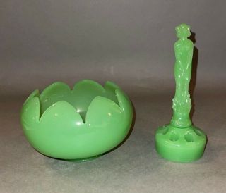 Old Art Deco Cambridge? Jadeite Glass Nude Lady Flower Frog W Lotus Bowl