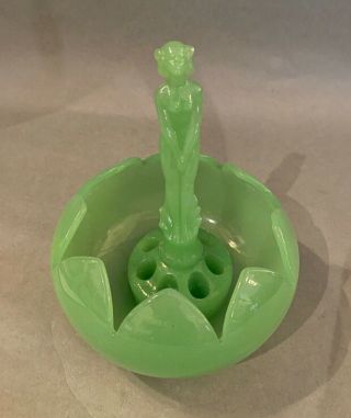 Old Art Deco Cambridge? Jadeite Glass Nude Lady Flower Frog w Lotus Bowl 2