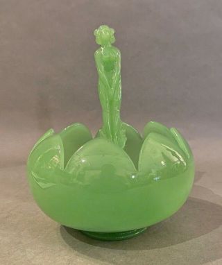 Old Art Deco Cambridge? Jadeite Glass Nude Lady Flower Frog w Lotus Bowl 3