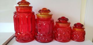 Le Smith Moon And Stars Glass Canisters Red Amberina Set Of 4