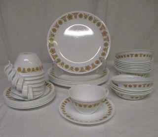 Vintage Corelle Butterfly Gold Plates Bowls Hook Stack Cups 28 Piece Set