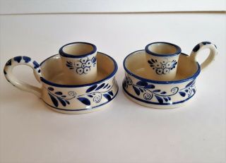 Delft Finger Candle Holder Pair Hand Painted Holland Blue & White Petite