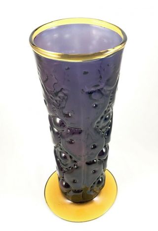 Blenko Large Textured Glass Vase Purple Amethyst/yellow Rim Base - 13” Tall