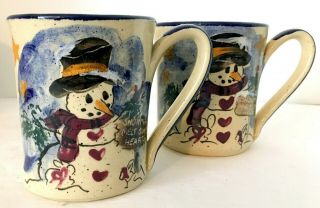 Pair G Miller Studio Pottery Snowman Mugs Hand Thrown Beige & Blue 4 " H 3.  5 " W Euc