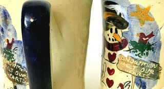 Pair G Miller Studio Pottery Snowman Mugs Hand Thrown Beige & Blue 4 