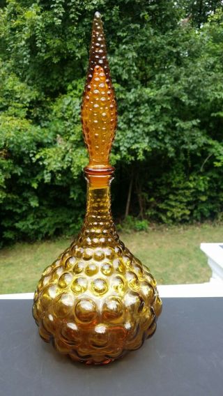 Vintage Hobnail Bubble Amber Genie Bottle Mid Century,  Italy Decanter