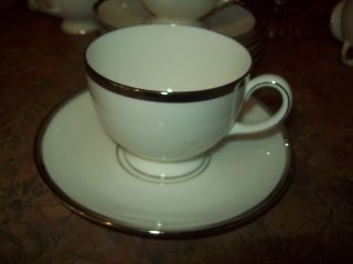 Set Of 3 Wedgwood Carlyn Bone China White And Platinum Leigh Cups And Saucers :)