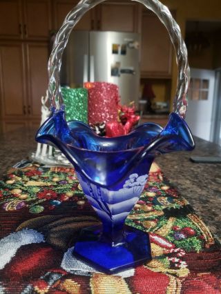 Fenton Paneled Basket Hand Painted Christmas Canaan Valley On Cobalt Winter Nwt