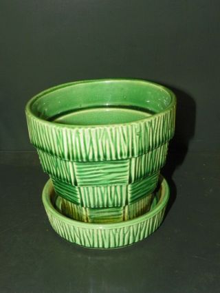 Vintage Mccoy Usa 4 " Flower Planter Pot Green Basket Weave W/ Saucer Water Basin