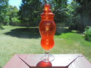Vintage Mid Century Modern Empoli Italy Art Glass Orange Covered Apothecary Jar