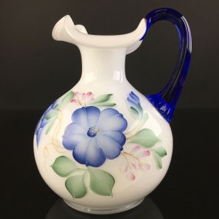 Fenton Glass White Pitcher Hand Painted Blue Flowers Optic Handle
