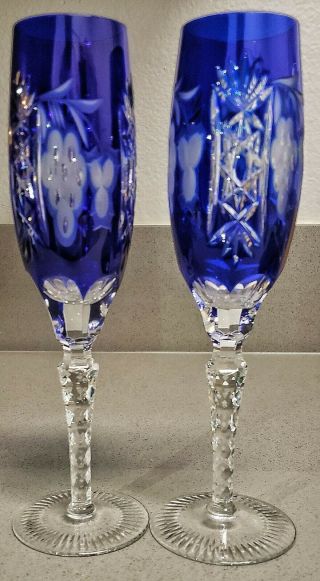 Vintage Bohemian Czech Art Glass Cobalt Blue Cut Crystal 9 " Champagne Flute