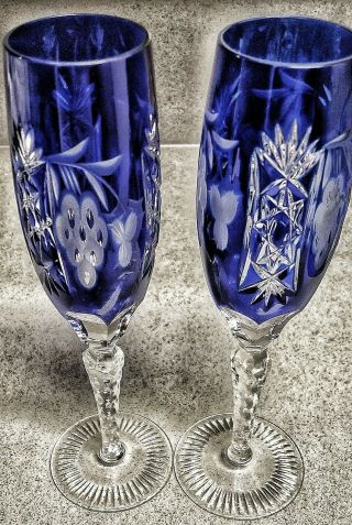 Vintage Bohemian Czech Art Glass Cobalt Blue Cut Crystal 9 