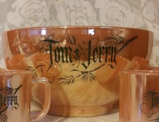 Fire King Tom & Jerry Lustre Ware Peach Punch Bowl Set W/ 6 Cups