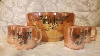 FIRE KING TOM & JERRY LUSTRE WARE PEACH PUNCH BOWL SET W/ 6 CUPS 2