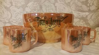FIRE KING TOM & JERRY LUSTRE WARE PEACH PUNCH BOWL SET W/ 6 CUPS 3