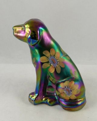 Fenton 5085 Un Hp Golden Daisy On Amethyst Carnival Glass Lab Puppy Dog