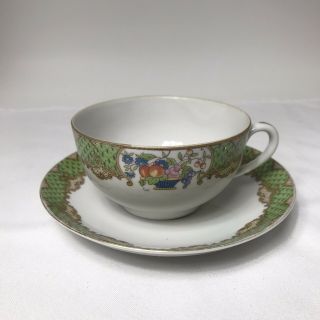 Vintage Noritake Made In Japan Green Tea Cup And Saucer With Gold Trim