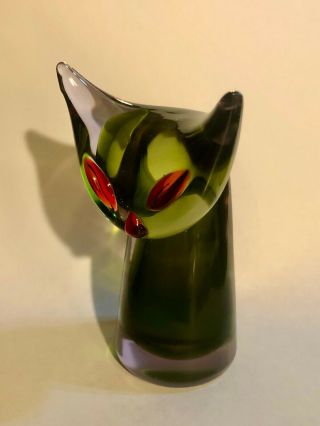 Vtg Mid Century Modern Murano Heavy Hand Blown Art Glass Cat Green 4.  5”