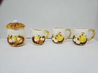 Sears 1976 Japan Chicken 2 Coffee Cup,  Sugar Bowl Creamer Chicks & Egg Nest