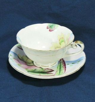 Vtg Merit China Occupied Japan Pink,  Yellow Floral Footed Teacup,  Saucer Set Vgc