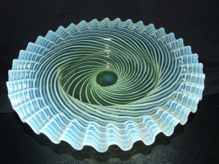 Victorian Uranium Opalescent Spiral Glass Bowl Crimped Edge