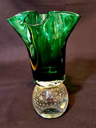Mcm Emerald Green Vase On Controlled Bubble Paperweight Base Handmade Erickson