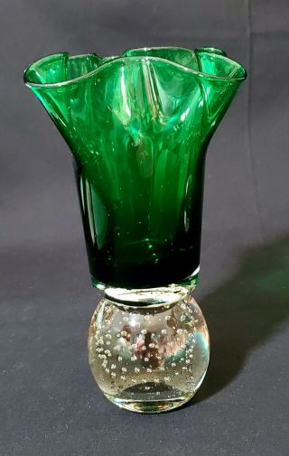MCM Emerald Green Vase on Controlled Bubble Paperweight Base Handmade Erickson 2