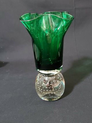 MCM Emerald Green Vase on Controlled Bubble Paperweight Base Handmade Erickson 3