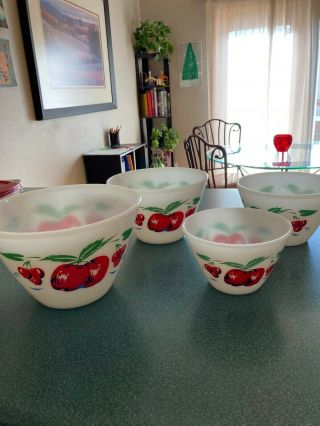 Vintage Ovenware • Fire King • Apples & Cherries • Glass Bowls • Set Of 4