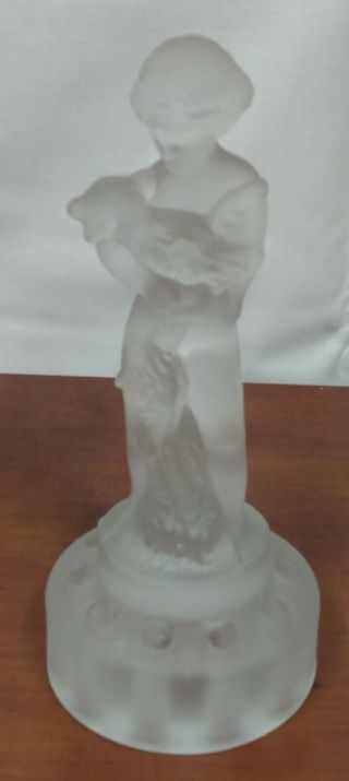 Cambridge Two Kids Nude Child W Lamb Frosted Satin Art Glass Large 9 Flower Frog