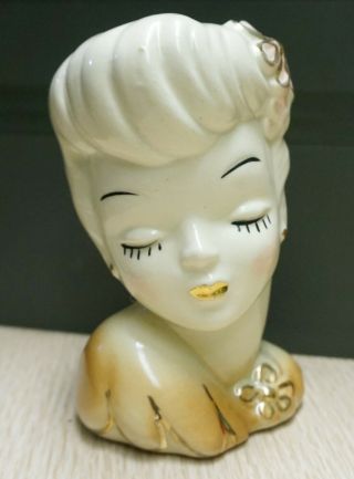 Vintage Glamour Girl Lady Head Vase Planter Hand Painted Gold Trim 5” Porcelain