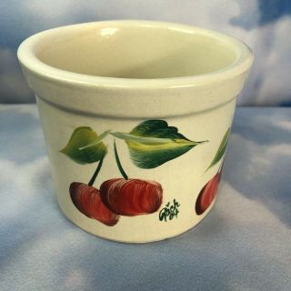 Rrp Co Roseville Ohio Pottery Crock 1 Pint Low Cherries Handpainted Signed 4.  5”