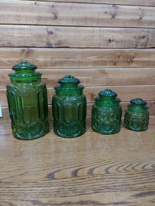 Vintage 4 Piece Le Smith Moon And Star Green Glass Canister Apothecary