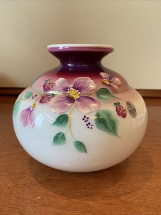 Fenton Round Vase Trunk With Hand Painted Purple Flowers 6 1/2” High