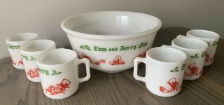 Vintage Tom And Jerry Punch Bowl Set With 6 Cups - Hazel Atlas Milk Glass