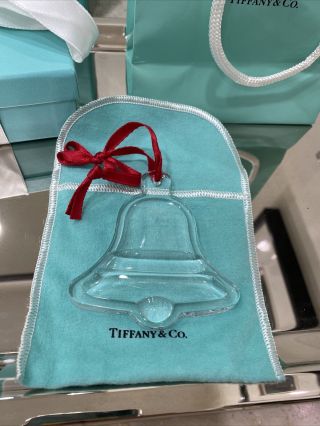 Tiffany & Co.  Clear Crystal Bell Christmas Ornament Box Ribbon Bag