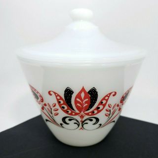 Fire King Modern Tulip Milk Glass Splash Proof Jar Mixing Bowl Red Black