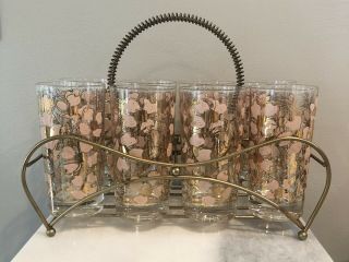 Signed Fred Press Retro Mid Century Pink Dogwood Glasses Set Of 8 In Caddy