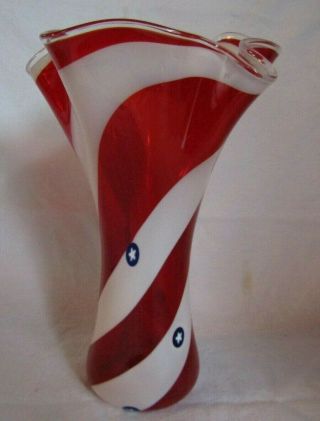Hand Blown Art Glass Red And White Swirl Large Vase With Blue And White Stars