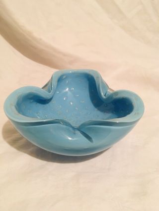 Alfredo Barbini Murano Blue Bubbles Gold Flecks Italian Art Glass Ashtray Bowl