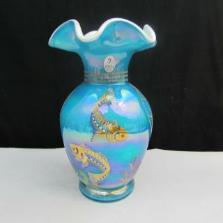 Fenton Turquoise Overlay Iridized Designer Showcase Hand Painted Vase 2001 W104